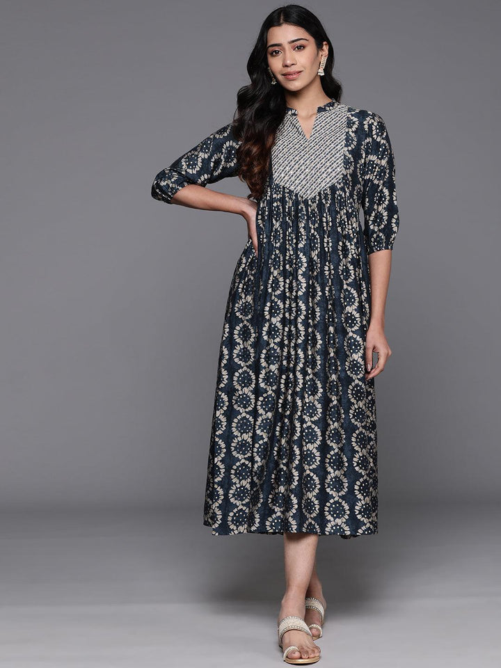 Grey Printed Silk Fit and Flare Dress - ShopLibas