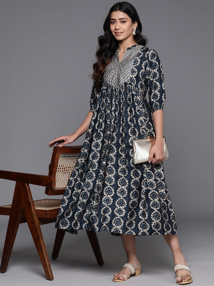 Grey Printed Silk Fit and Flare Dress - ShopLibas