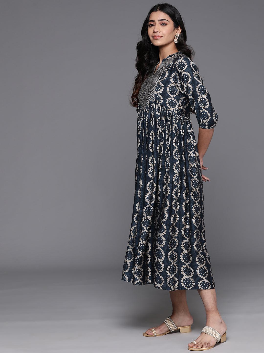 Grey Printed Silk Fit and Flare Dress - ShopLibas