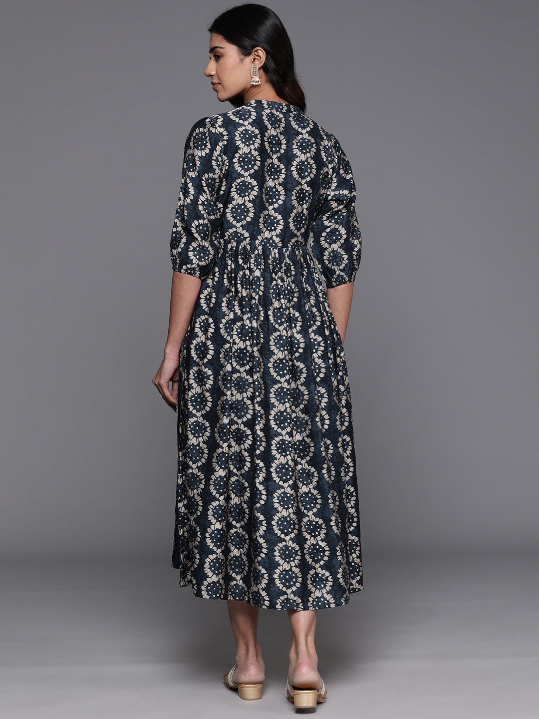 Grey Printed Silk Fit and Flare Dress