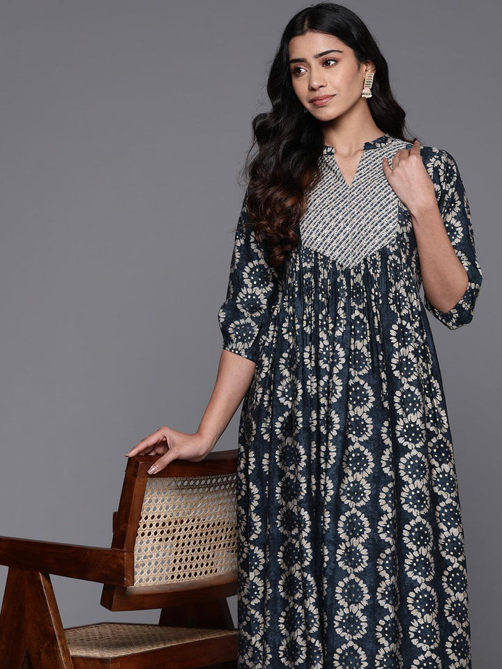 Grey Printed Silk Fit and Flare Dress - ShopLibas