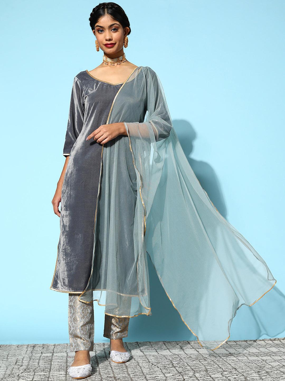 Grey Solid Velvet Straight Kurta With Trousers Dupatta