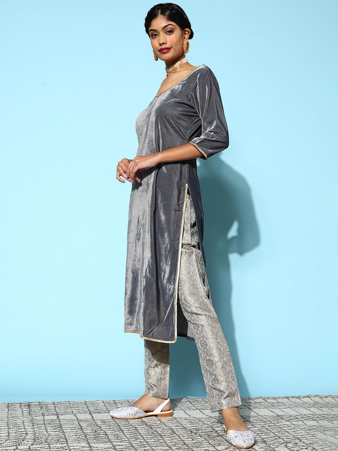 Grey Solid Velvet Straight Kurta With Trousers Dupatta