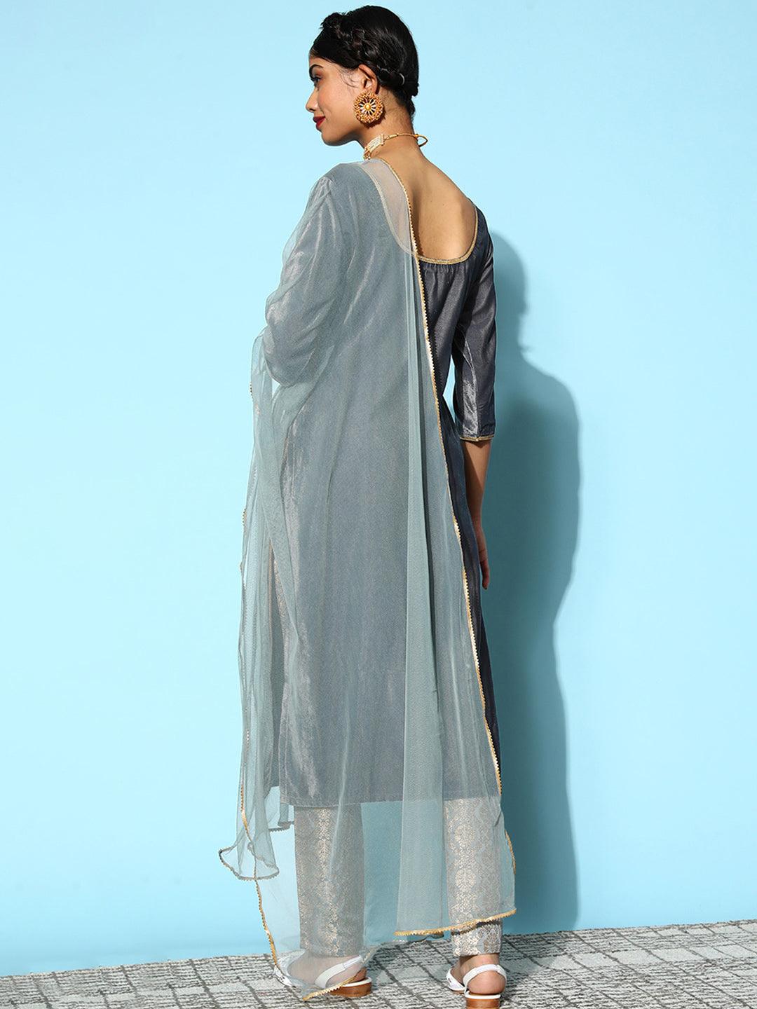 Grey Solid Velvet Straight Kurta With Trousers Dupatta