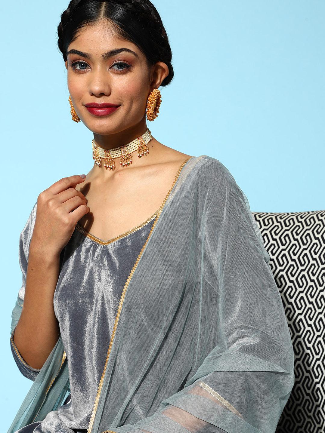 Grey Solid Velvet Straight Kurta With Trousers Dupatta