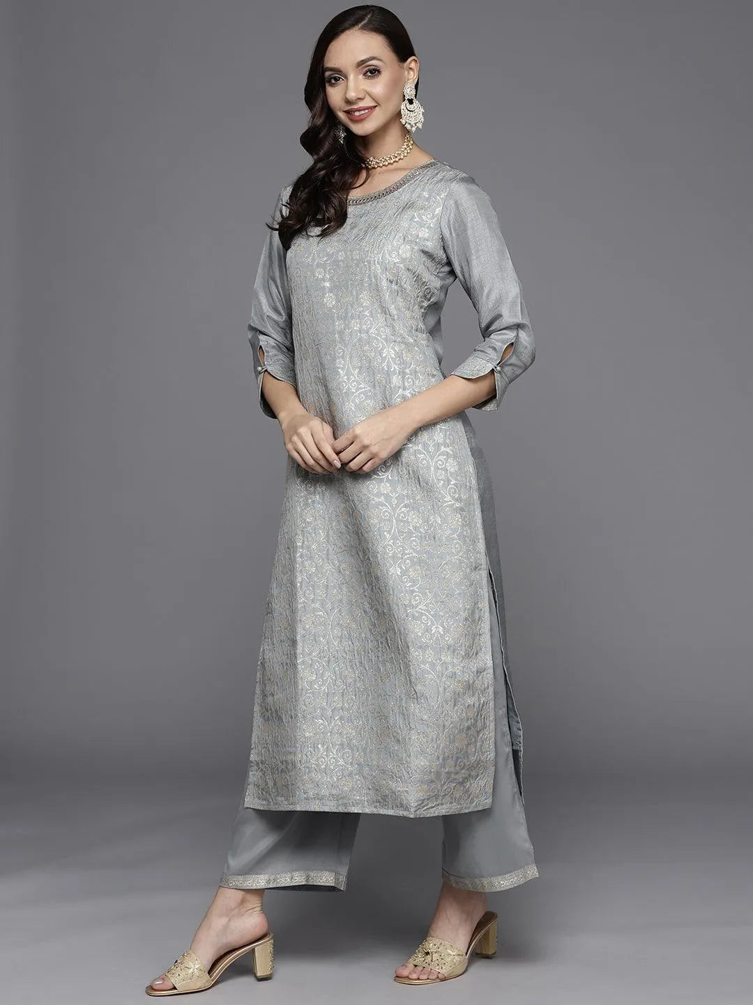 Grey Woven Design Silk Blend Straight Suit Set - ShopLibas