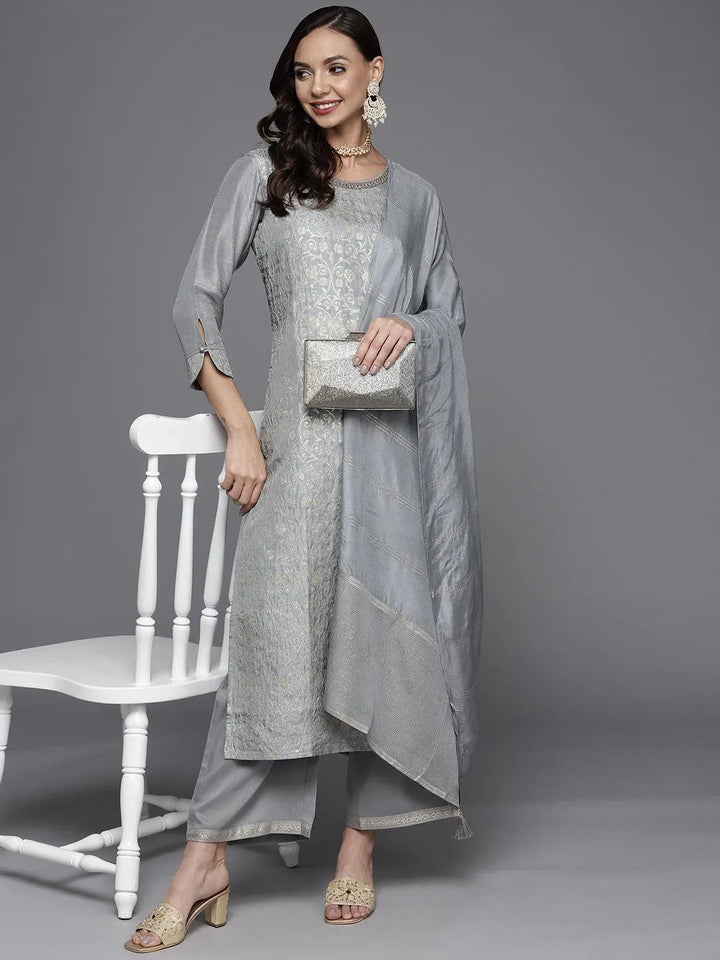 Grey Woven Design Silk Blend Straight Suit Set - ShopLibas