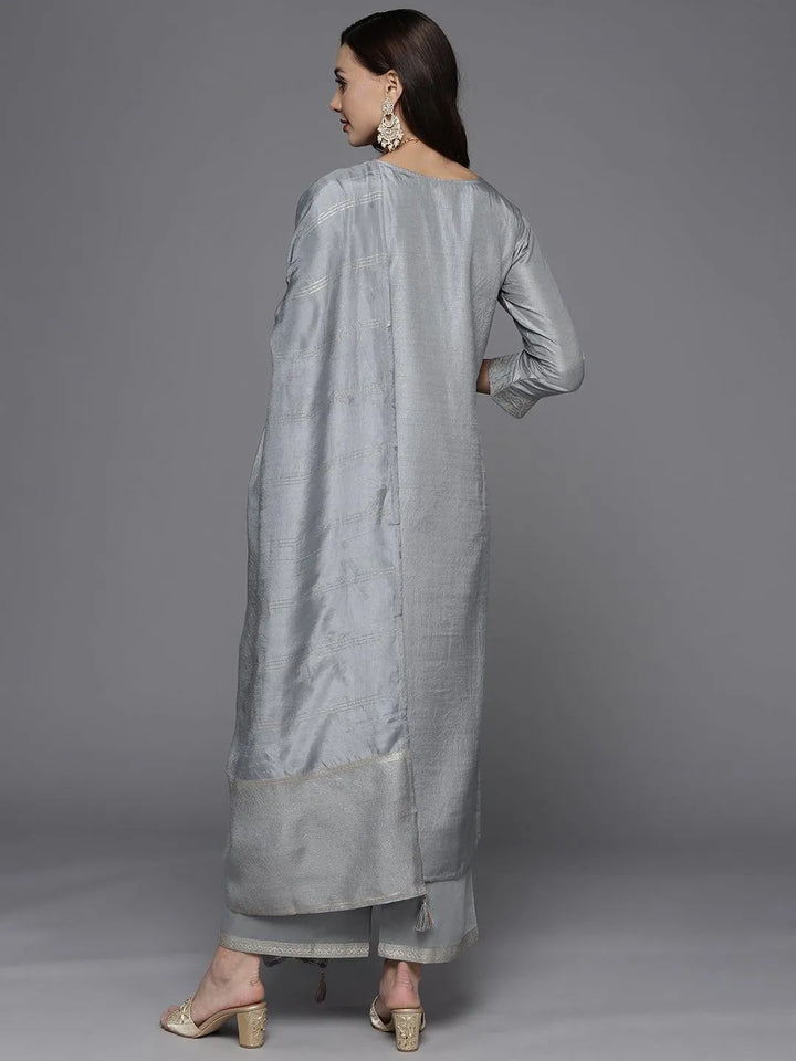 Grey Woven Design Silk Blend Straight Suit Set - ShopLibas