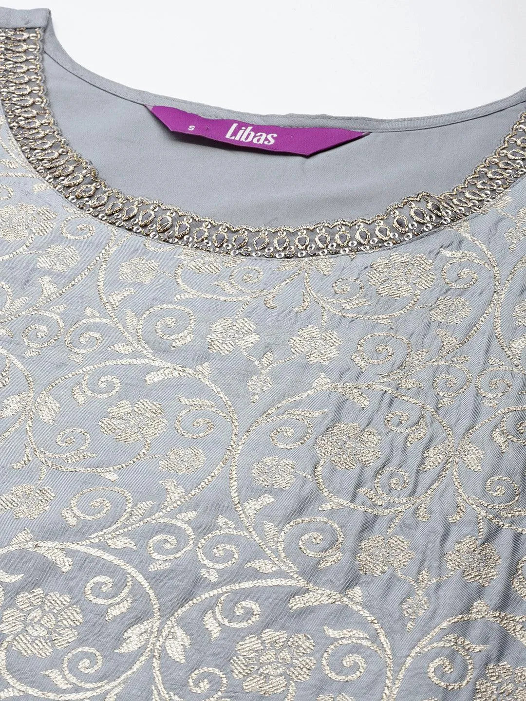 Grey Woven Design Silk Blend Straight Suit Set - ShopLibas