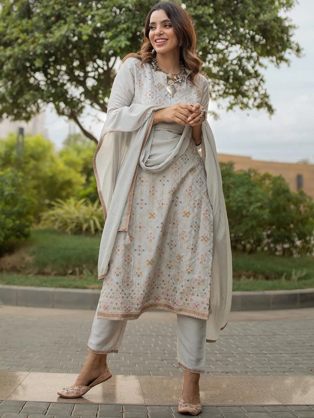 Grey Woven Design Silk Suit Set