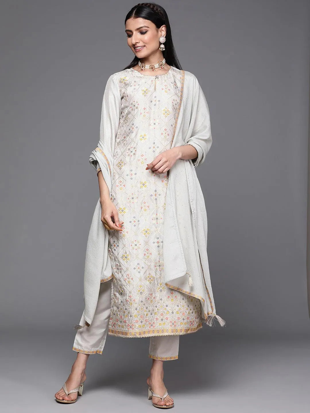 Grey Woven Design Silk Suit Set