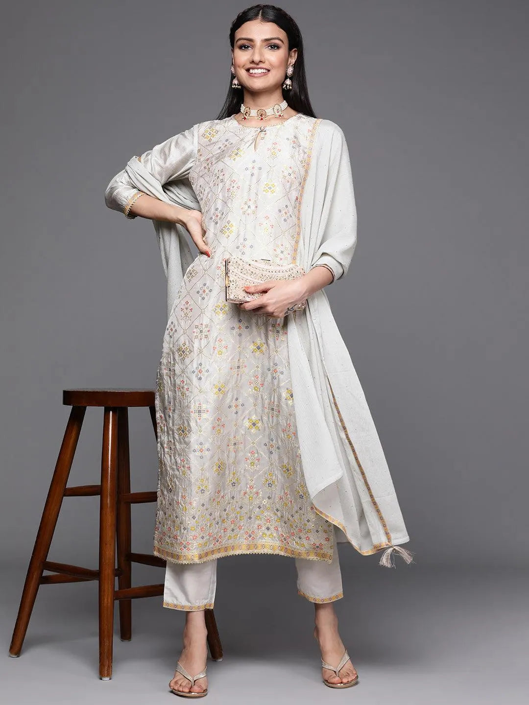 Grey Woven Design Silk Suit Set - ShopLibas