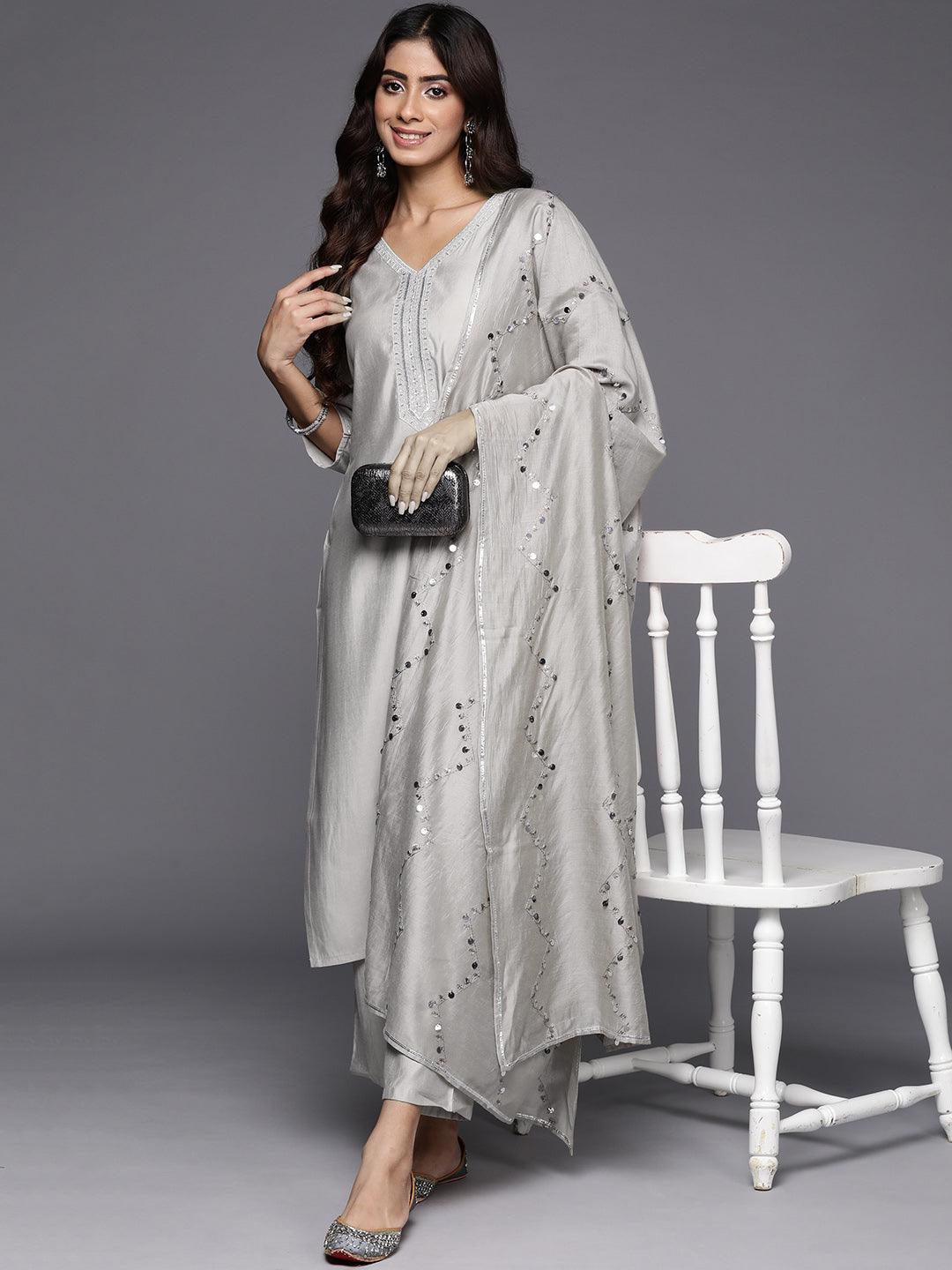 Grey Yoke Design Silk Blend Straight Kurta With Trousers & Dupatta - Libas