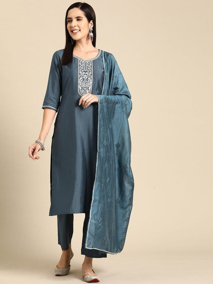 Grey Yoke Design Silk Blend Straight Kurta With Trousers & Dupatta - Libas