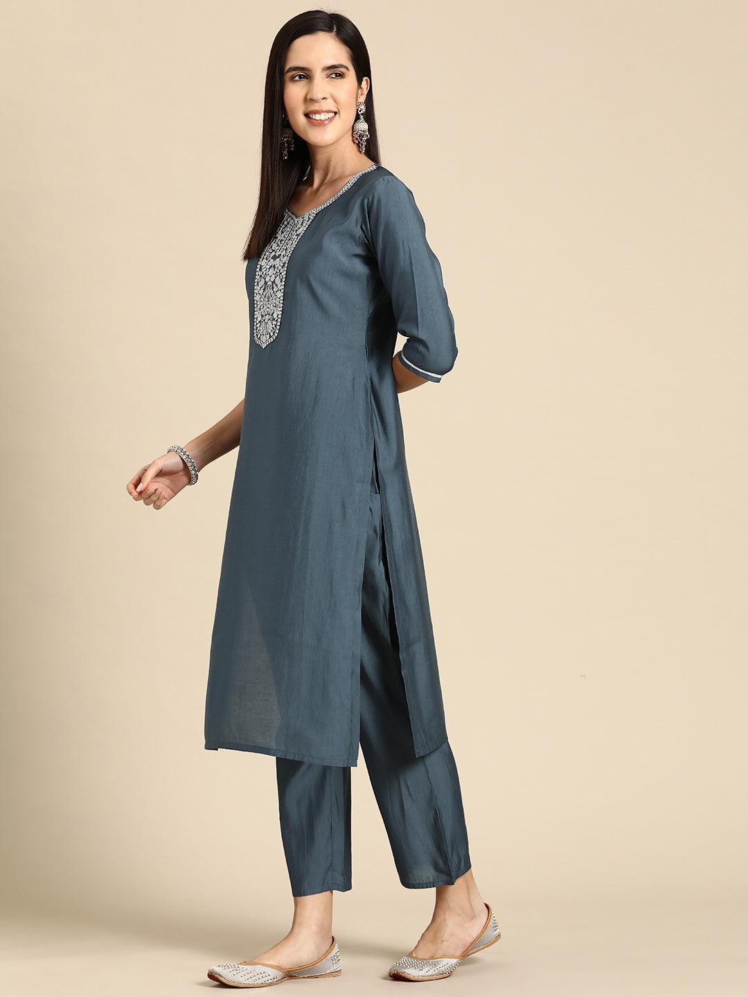 Grey Yoke Design Silk Blend Straight Kurta With Trousers & Dupatta - Libas