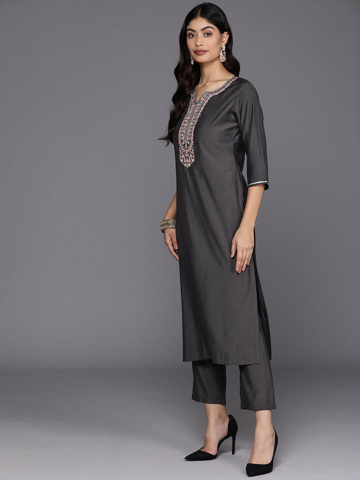 Grey Yoke Design Silk Blend Straight Kurta With Trousers & Dupatta - Libas