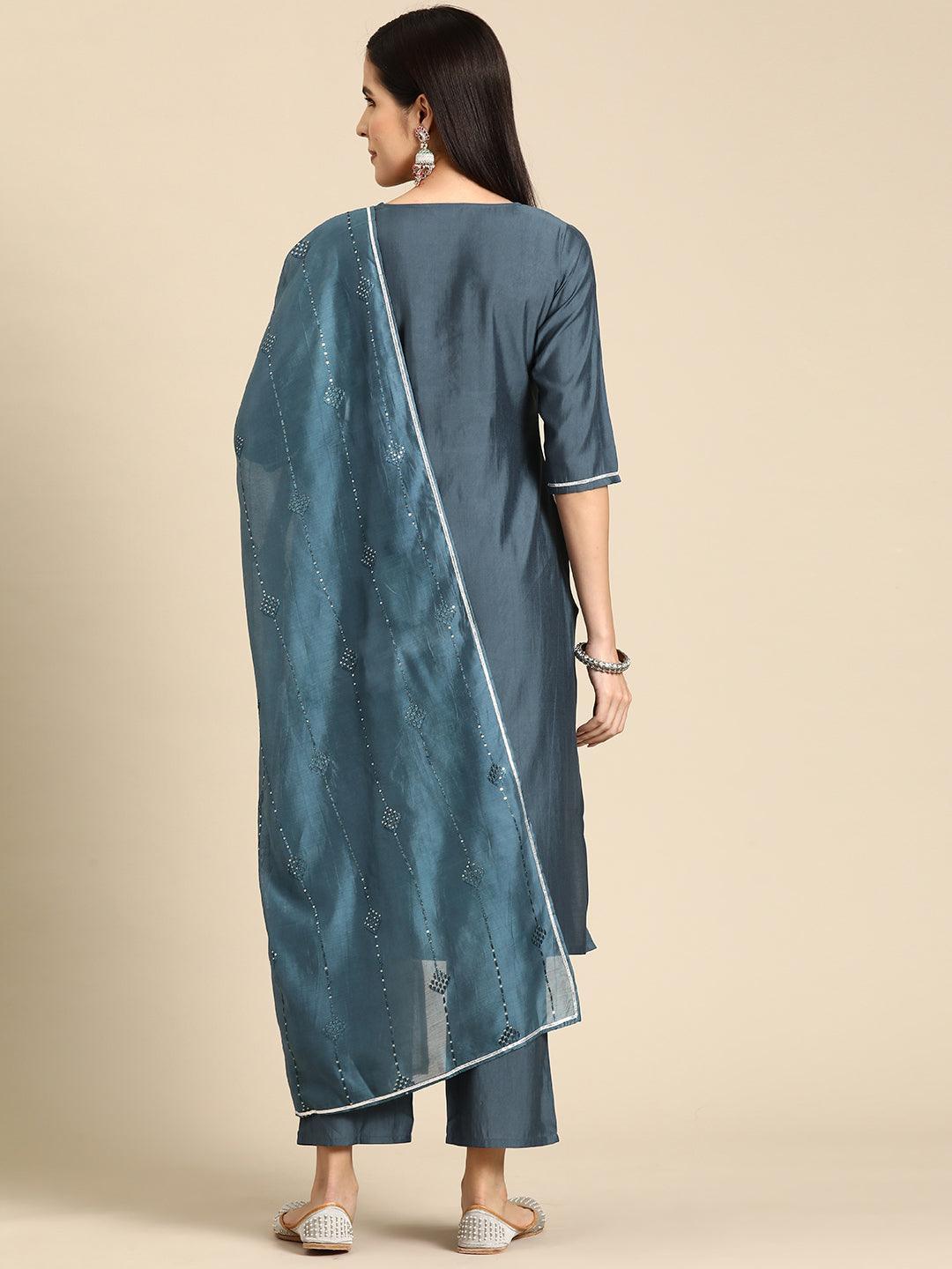 Grey Yoke Design Silk Blend Straight Kurta With Trousers & Dupatta - Libas