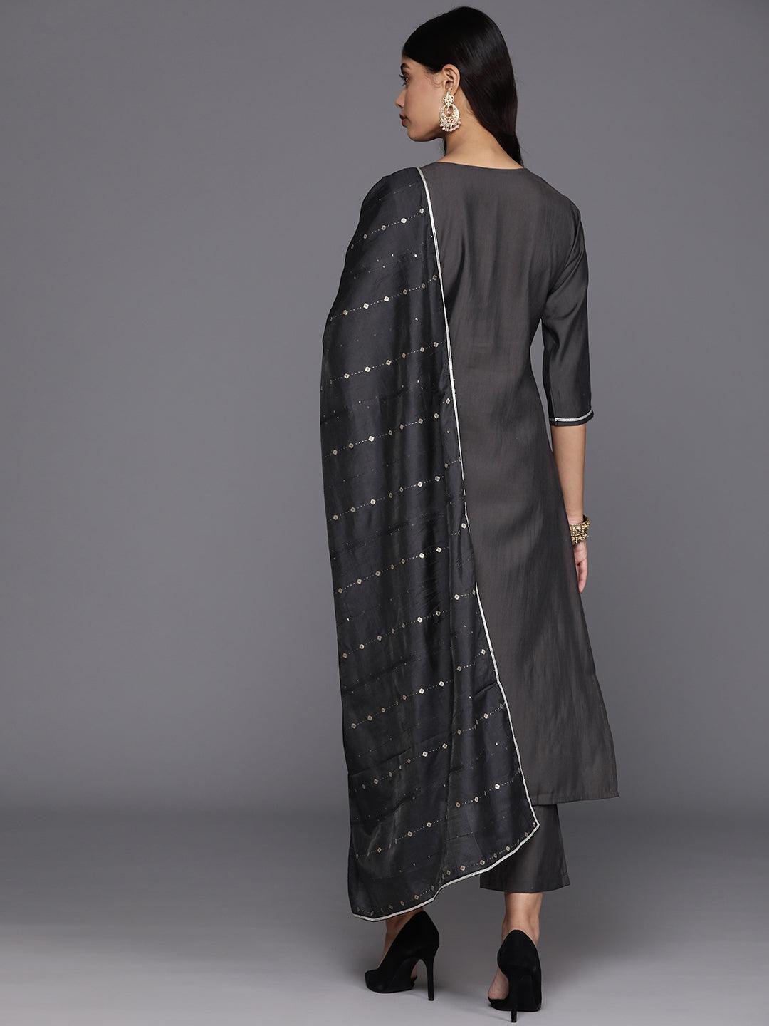 Grey Yoke Design Silk Blend Straight Kurta With Trousers & Dupatta - Libas