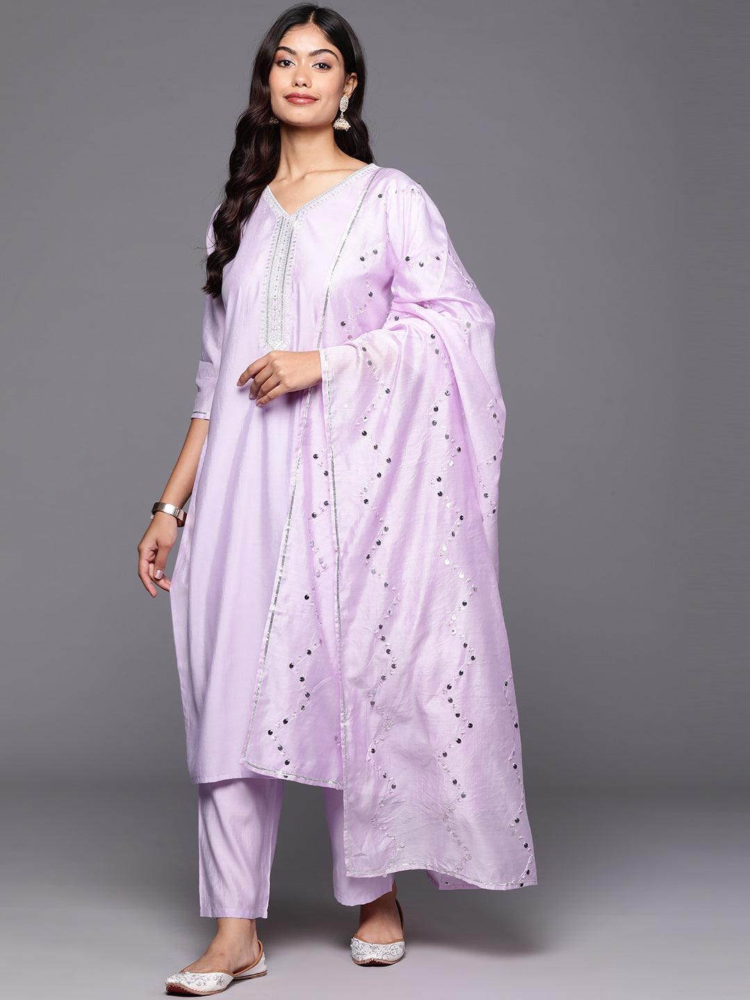 Lavender Yoke Design Silk Blend Straight Kurta With Trousers & Dupatta - Libas