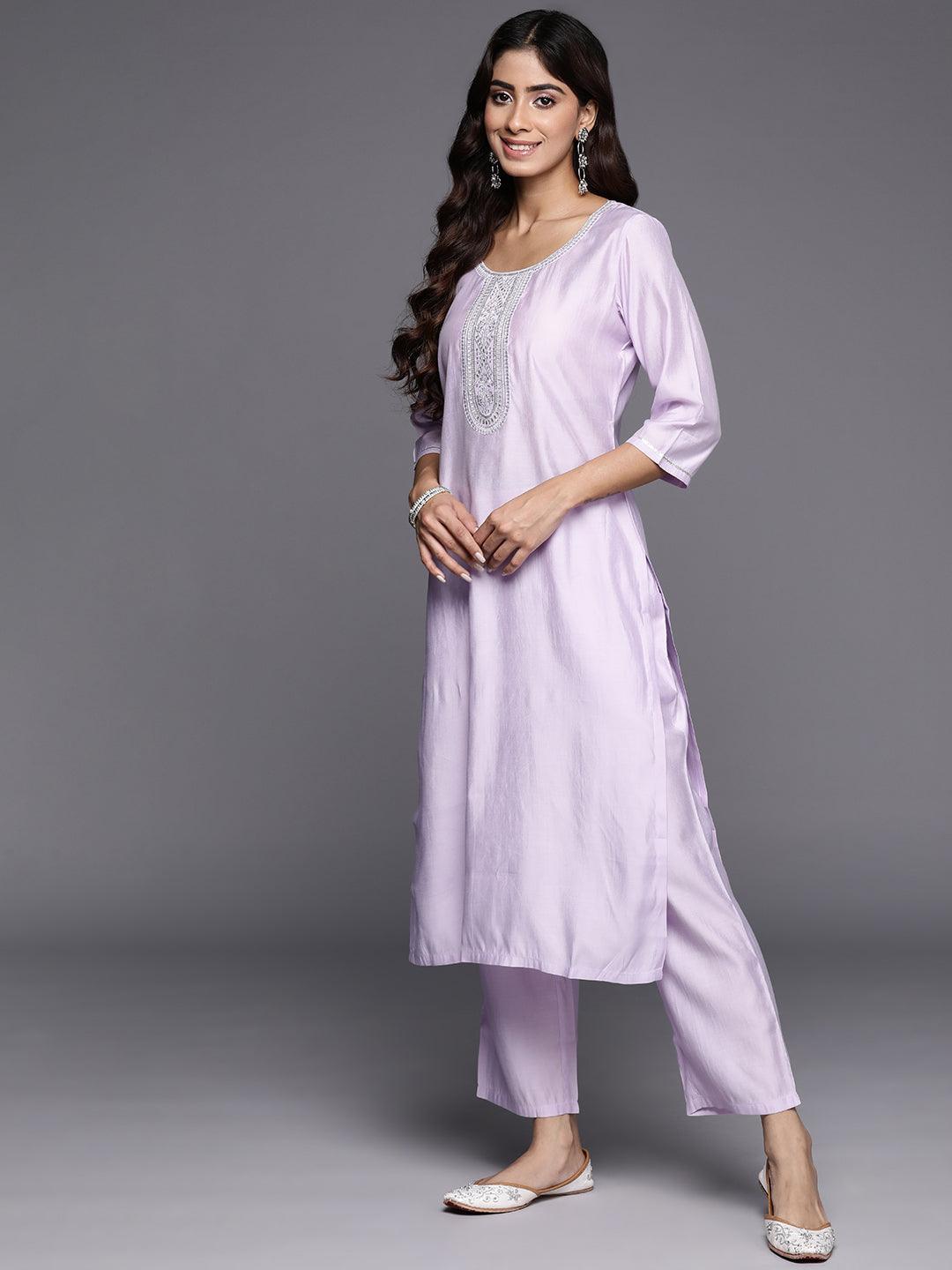 Lavender Yoke Design Silk Blend Straight Suit With Dupatta