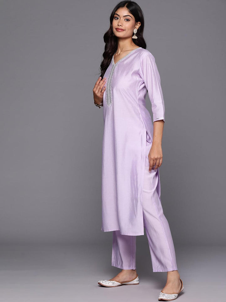 Lavender Yoke Design Silk Blend Straight Kurta With Trousers & Dupatta - Libas