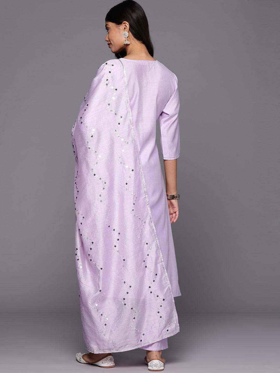 Lavender Yoke Design Silk Blend Straight Kurta With Trousers & Dupatta - Libas