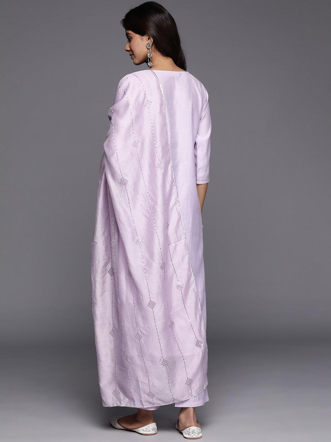 Lavender Yoke Design Silk Blend Straight Suit With Dupatta