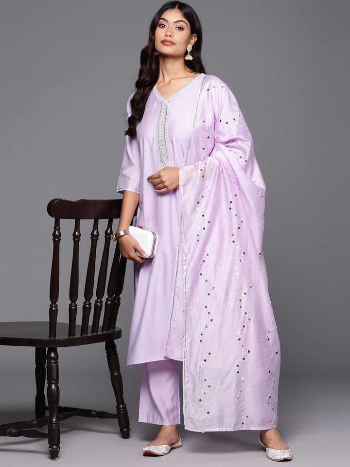 Lavender Yoke Design Silk Blend Straight Kurta With Trousers & Dupatta - Libas