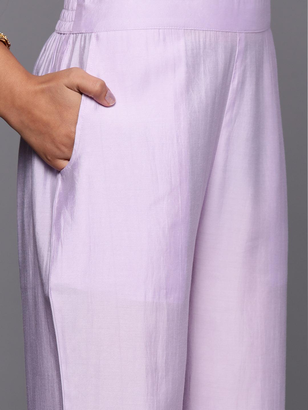 Lavender Yoke Design Silk Blend Straight Kurta With Trousers & Dupatta - Libas