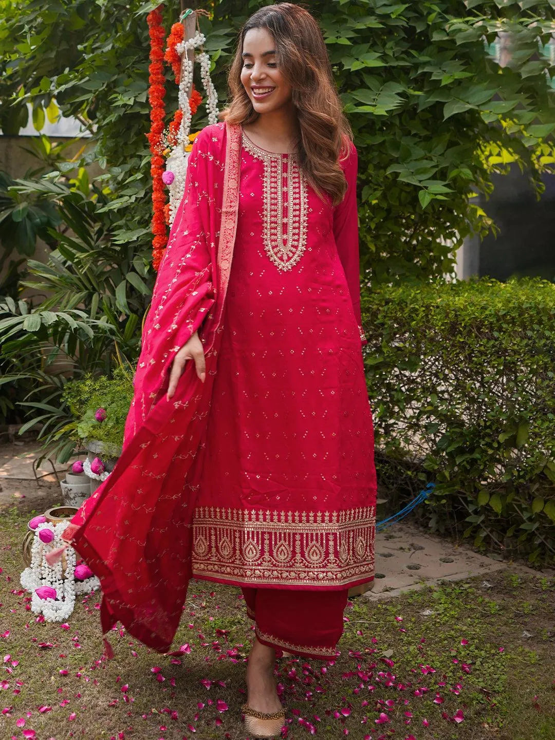 Magenta Embroidered Silk Blend Straight Suit Set - ShopLibas