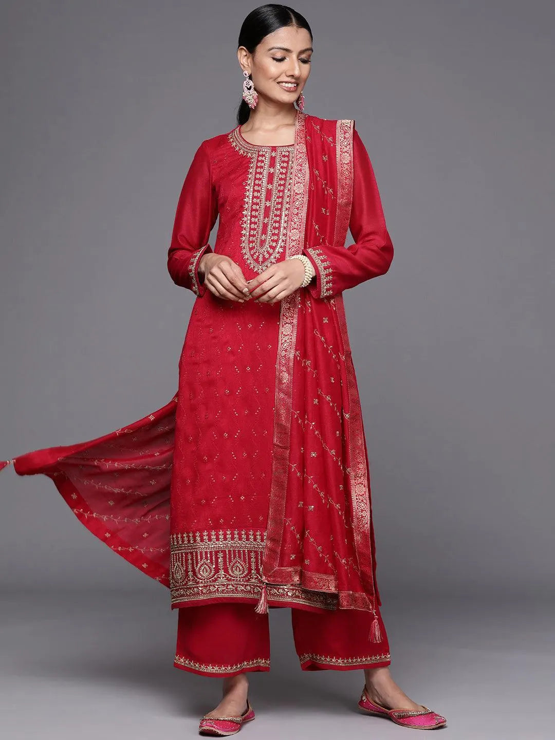 Magenta Embroidered Silk Blend Straight Suit Set - ShopLibas