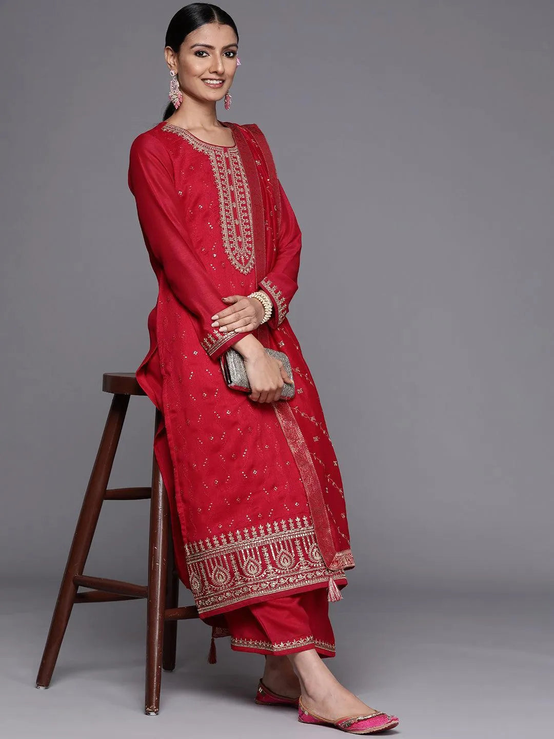 Magenta Embroidered Silk Blend Straight Suit With Dupatta