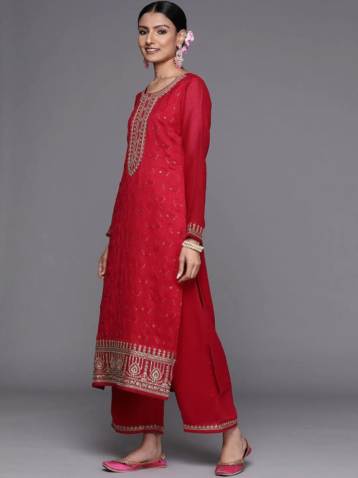 Magenta Embroidered Silk Blend Straight Suit Set - ShopLibas