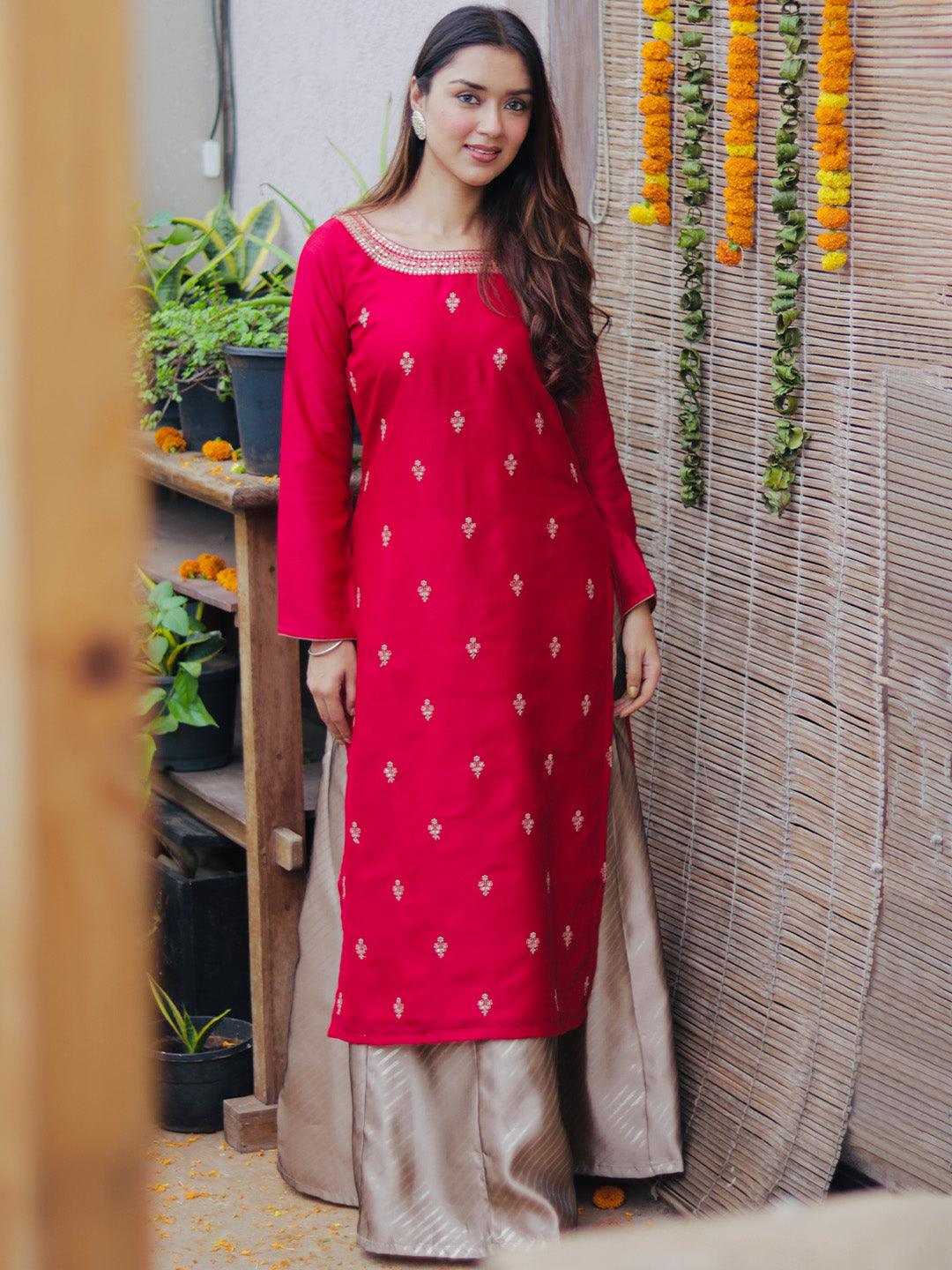 Magenta Embroidered Silk Straight Kurta