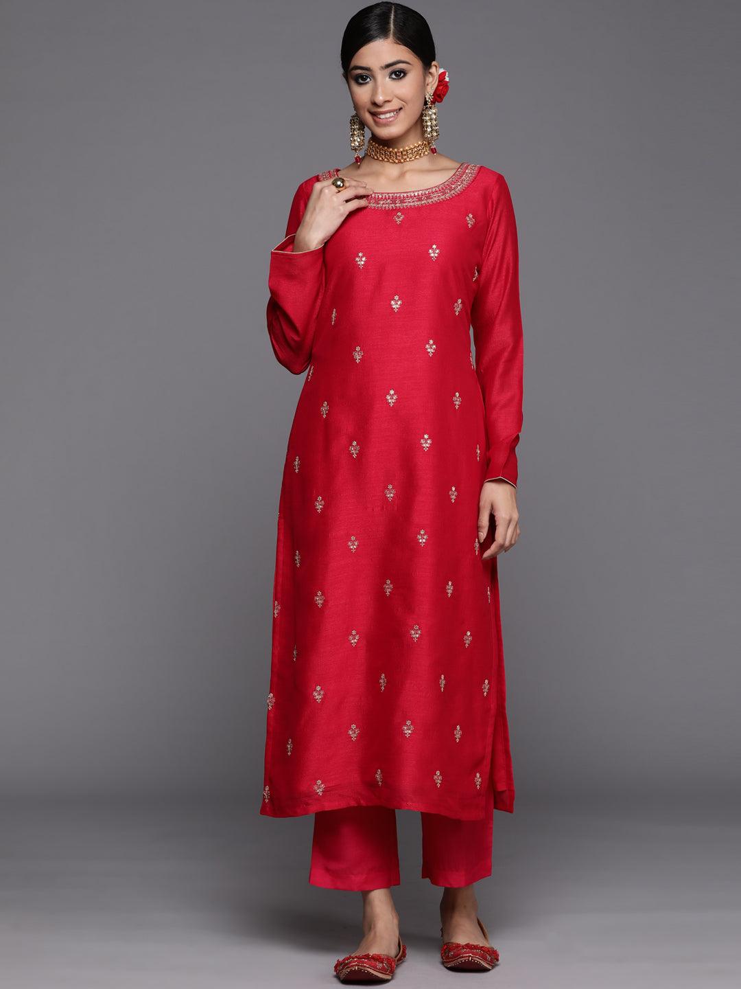 Magenta Embroidered Silk Straight Kurta