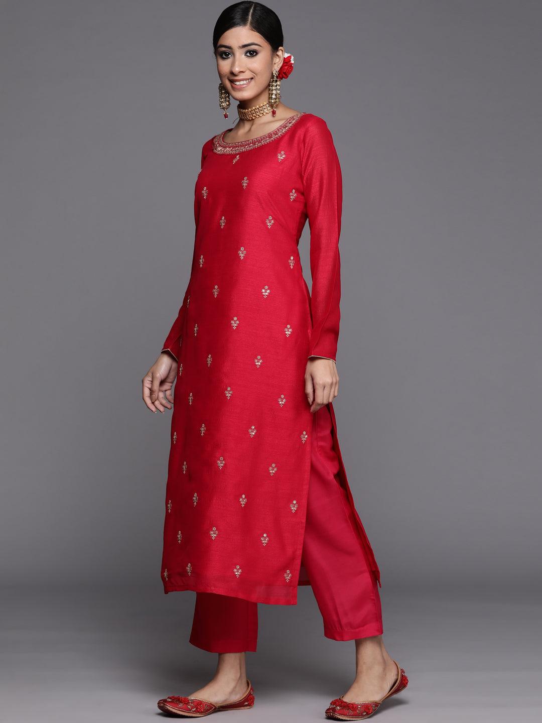 Magenta Embroidered Silk Straight Kurta