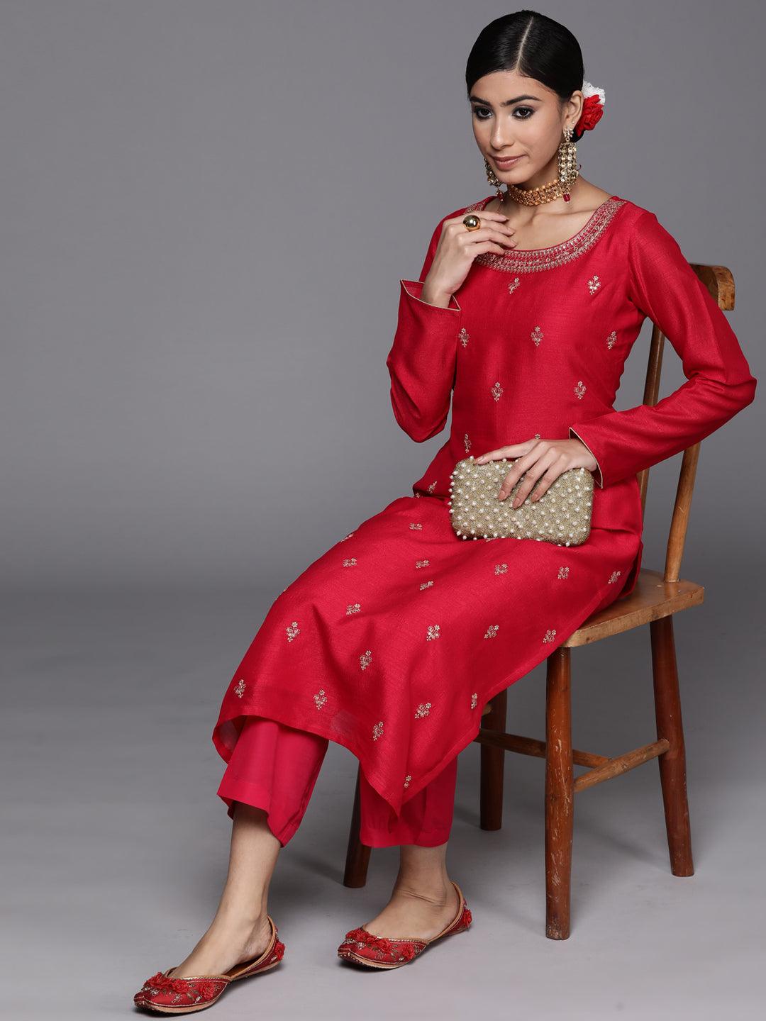 Magenta Embroidered Silk Straight Kurta