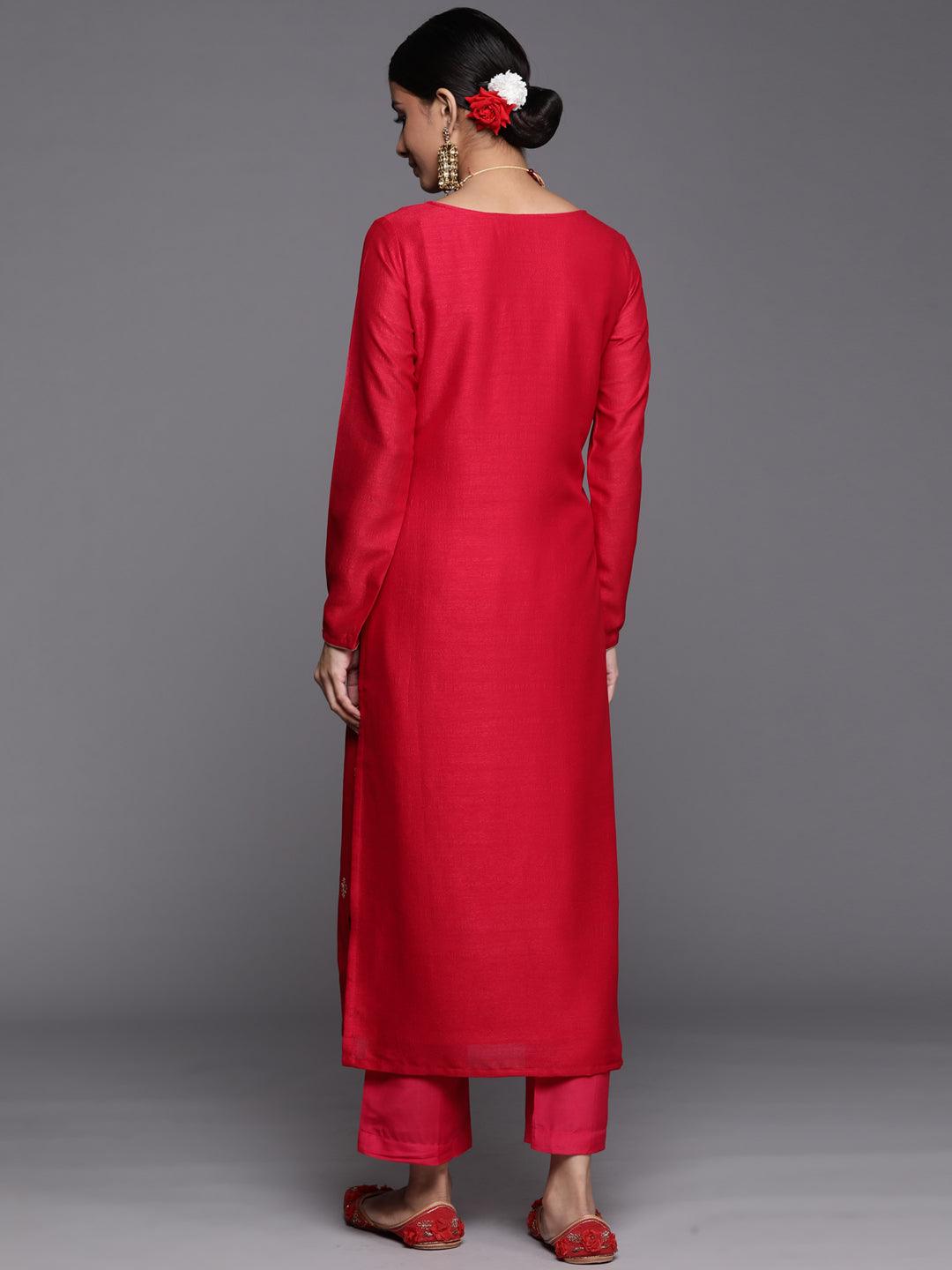 Magenta Embroidered Silk Straight Kurta