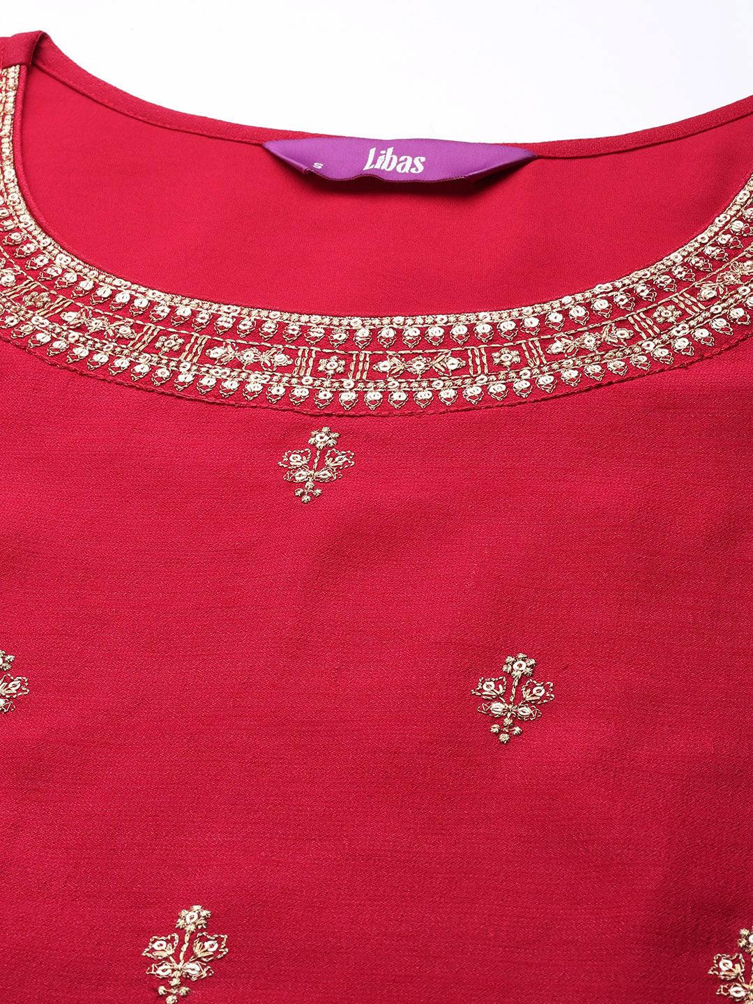 Magenta Embroidered Silk Straight Kurta