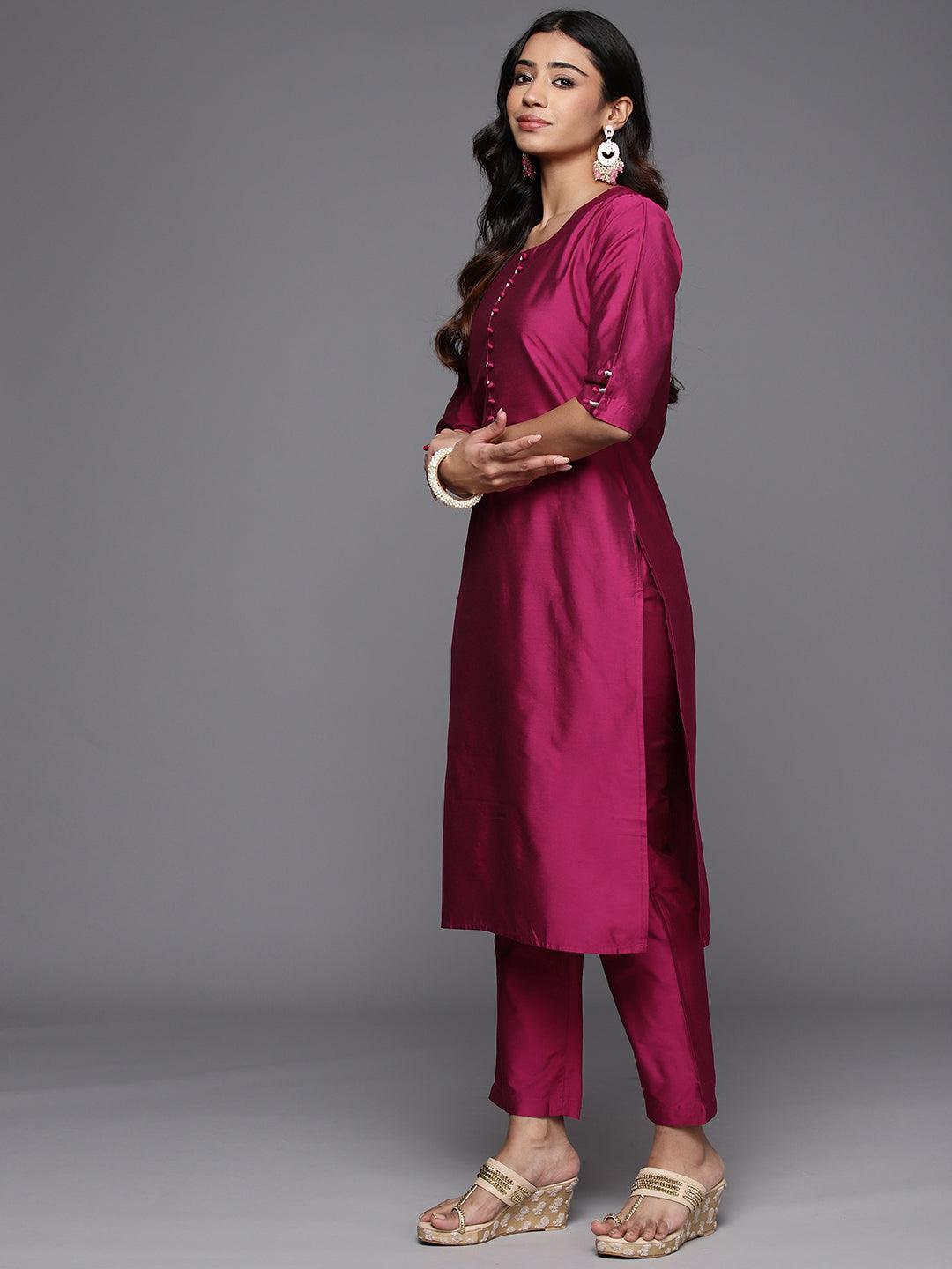 Magenta Solid Silk Blend Straight Suit With Dupatta