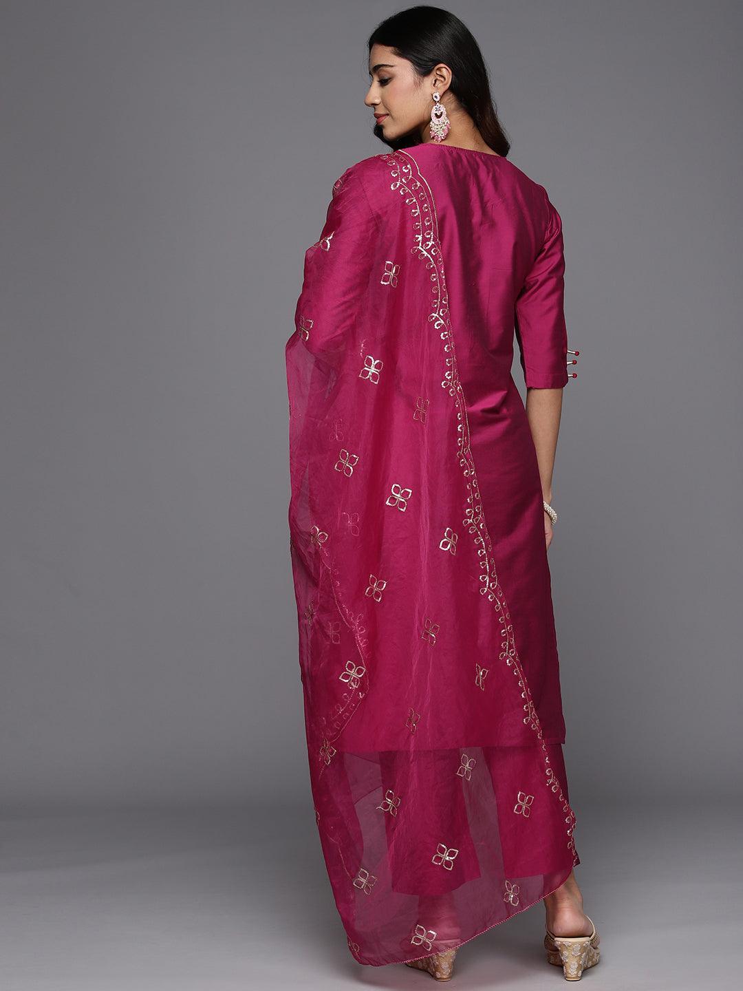 Magenta Solid Silk Blend Straight Suit With Dupatta