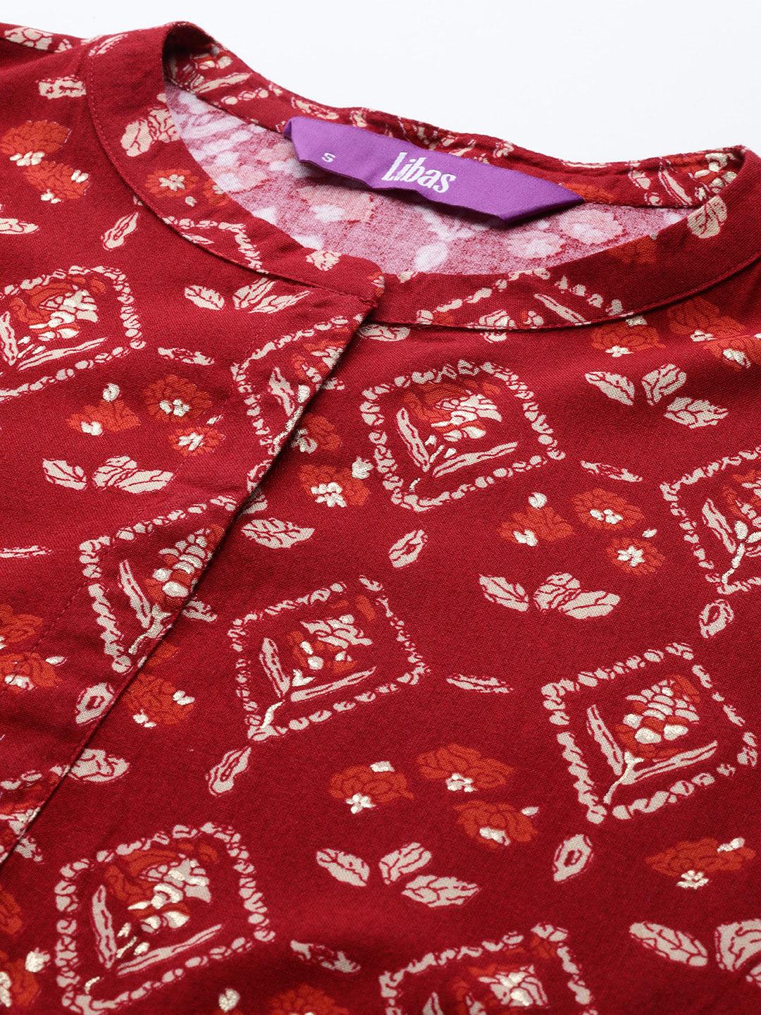 Maroon Printed Rayon A-Line Kurti