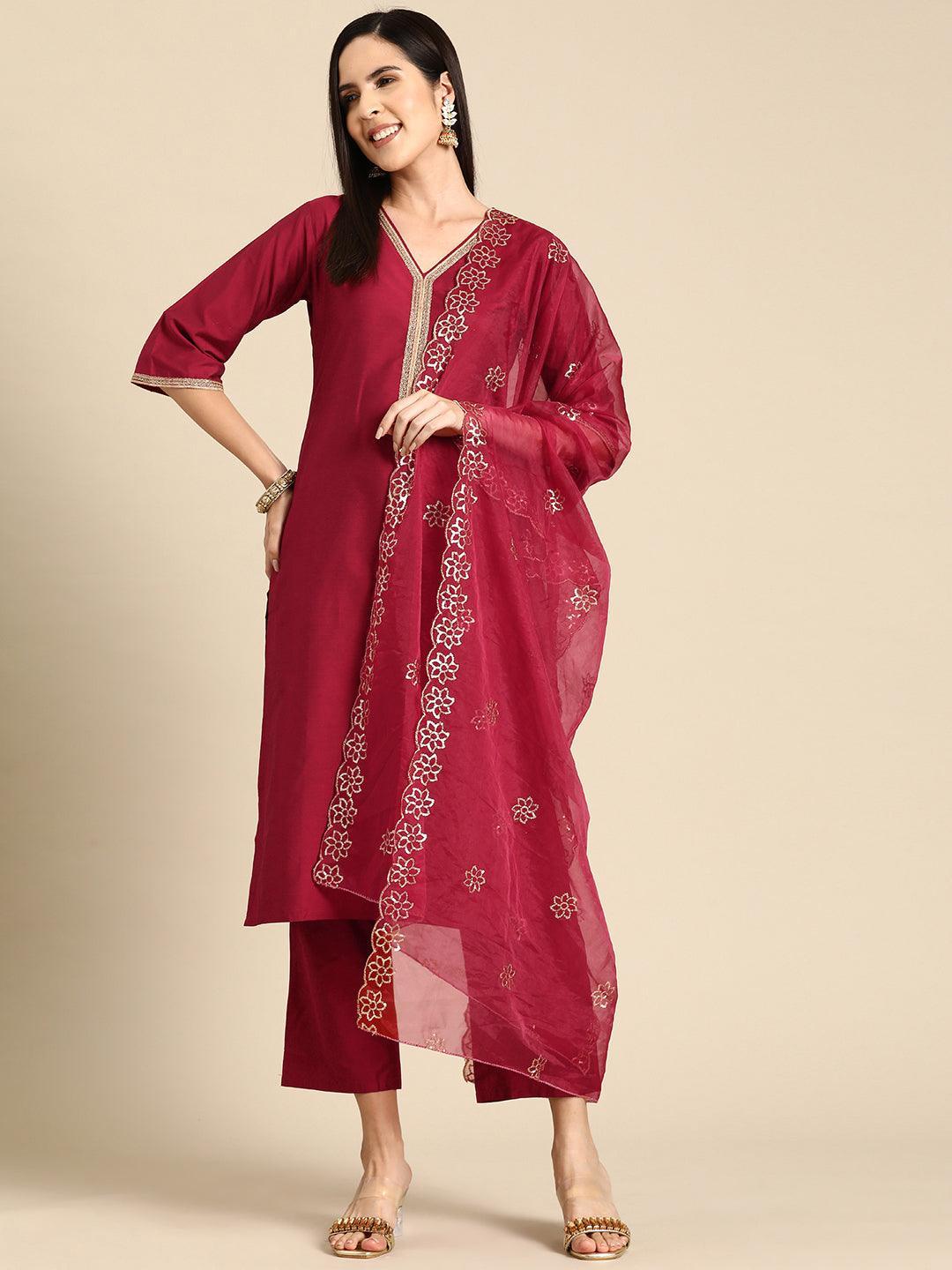 Maroon Solid Silk Blend Straight Kurta With Trousers & Dupatta - Libas