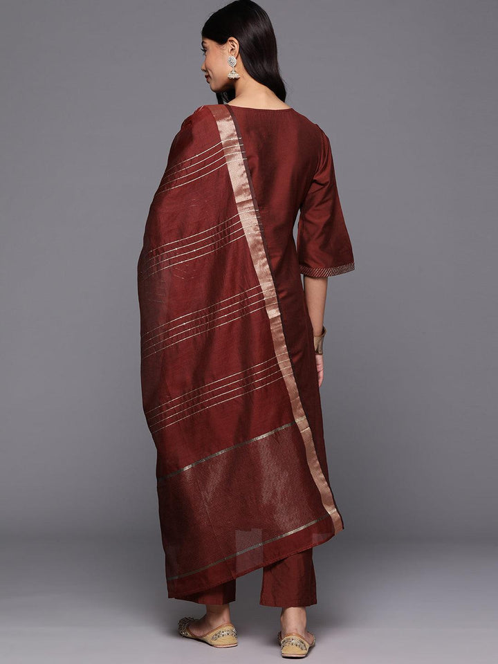 Maroon Solid Silk Blend Straight Kurta With Trousers & Dupatta - Libas