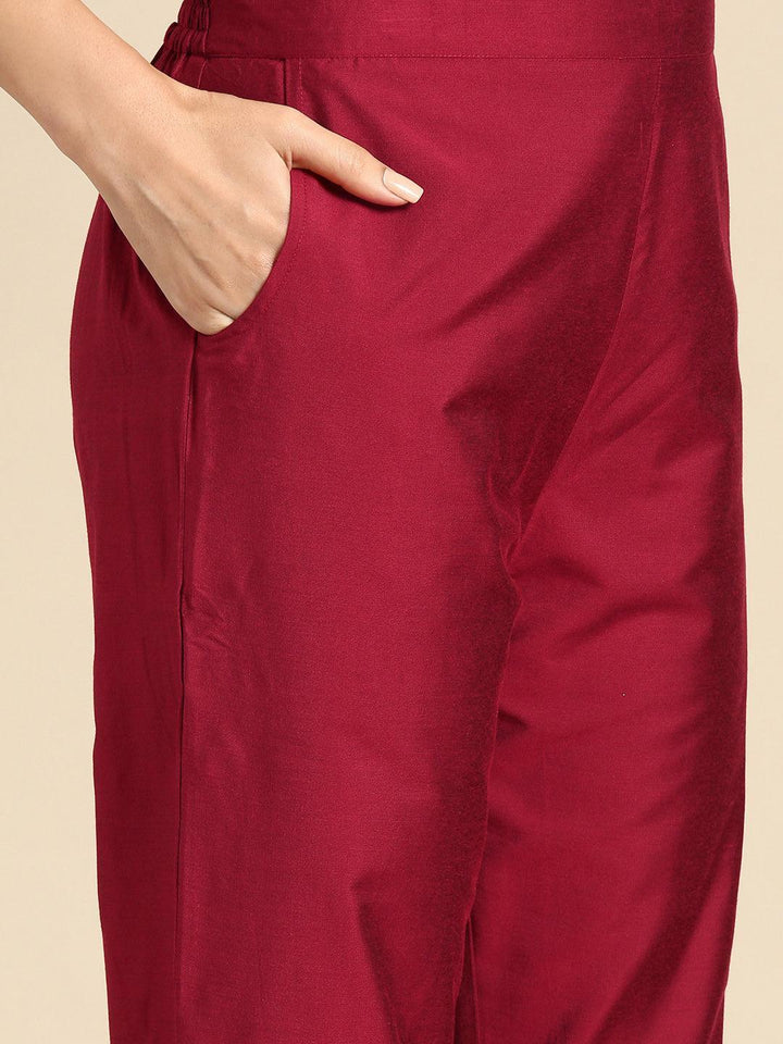 Maroon Solid Silk Blend Straight Kurta With Trousers & Dupatta - Libas