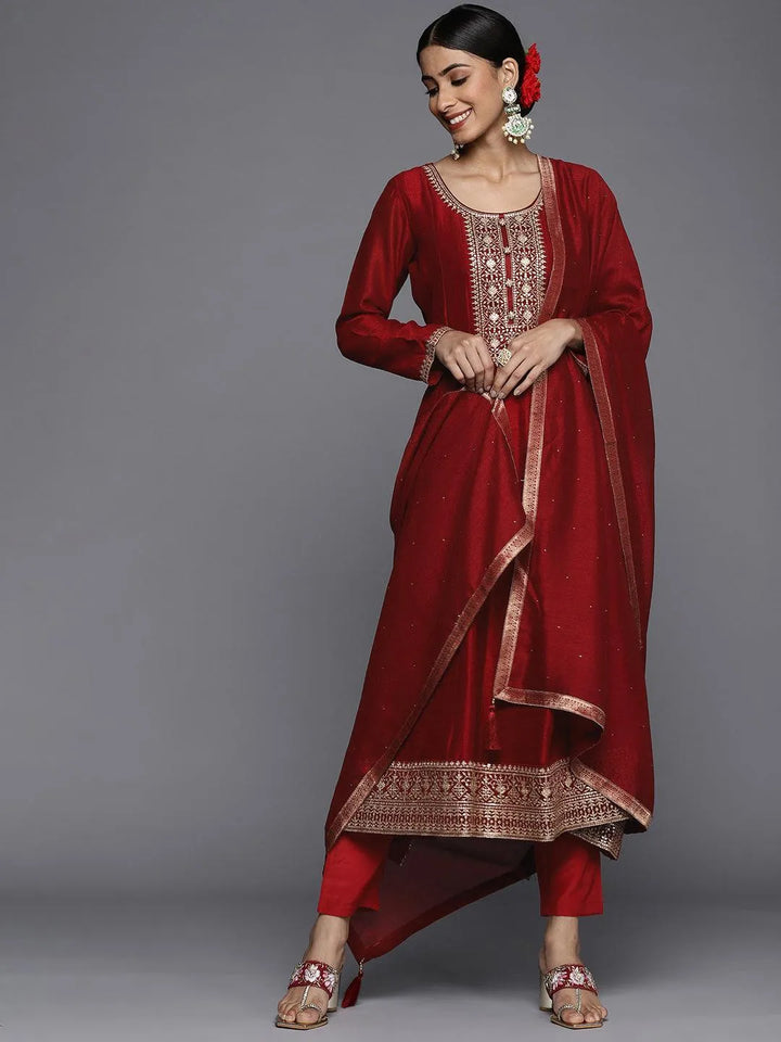 Maroon Yoke Design Silk Blend Anarkali Suit Set - ShopLibas