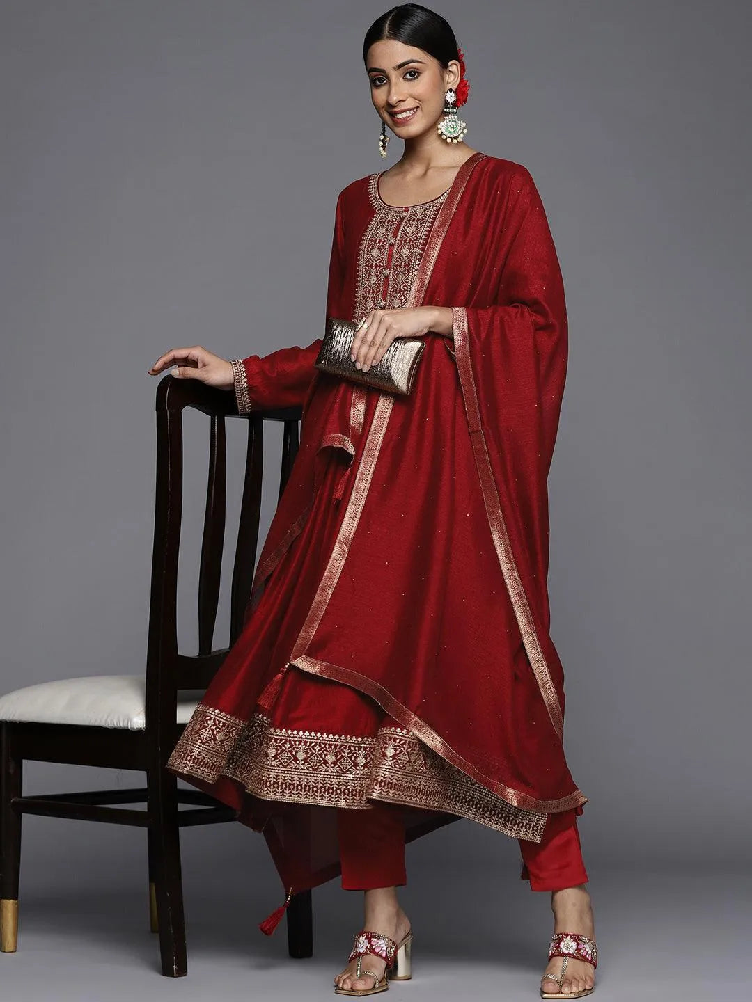 Maroon Yoke Design Silk Blend Anarkali Suit Set - ShopLibas