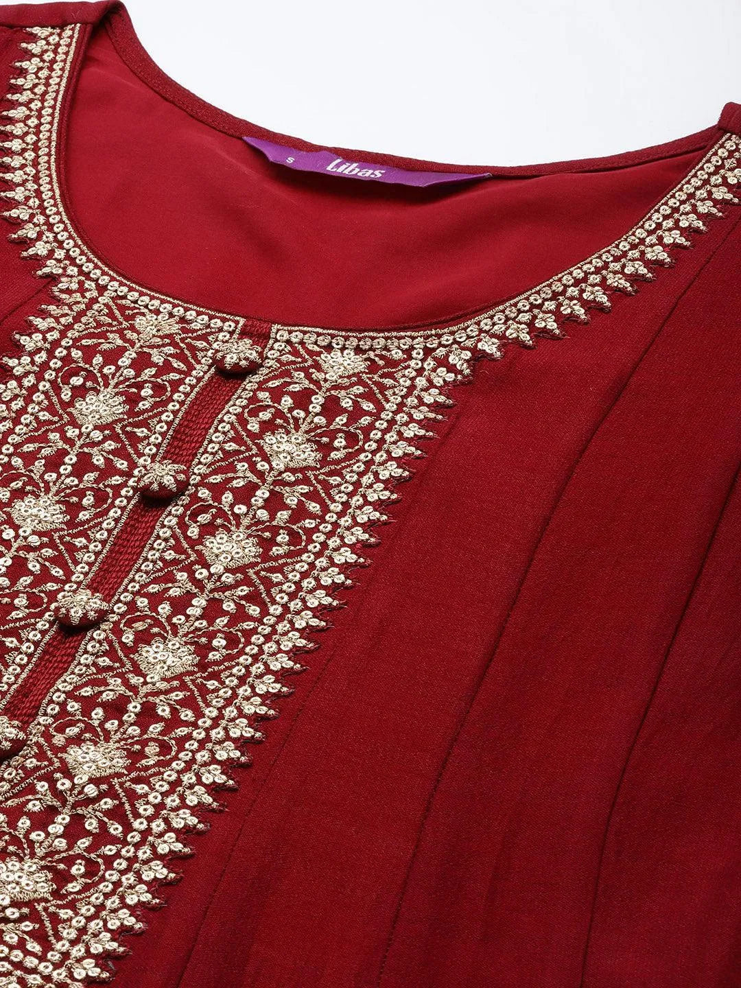 Maroon Yoke Design Silk Blend Anarkali Suit Set - ShopLibas