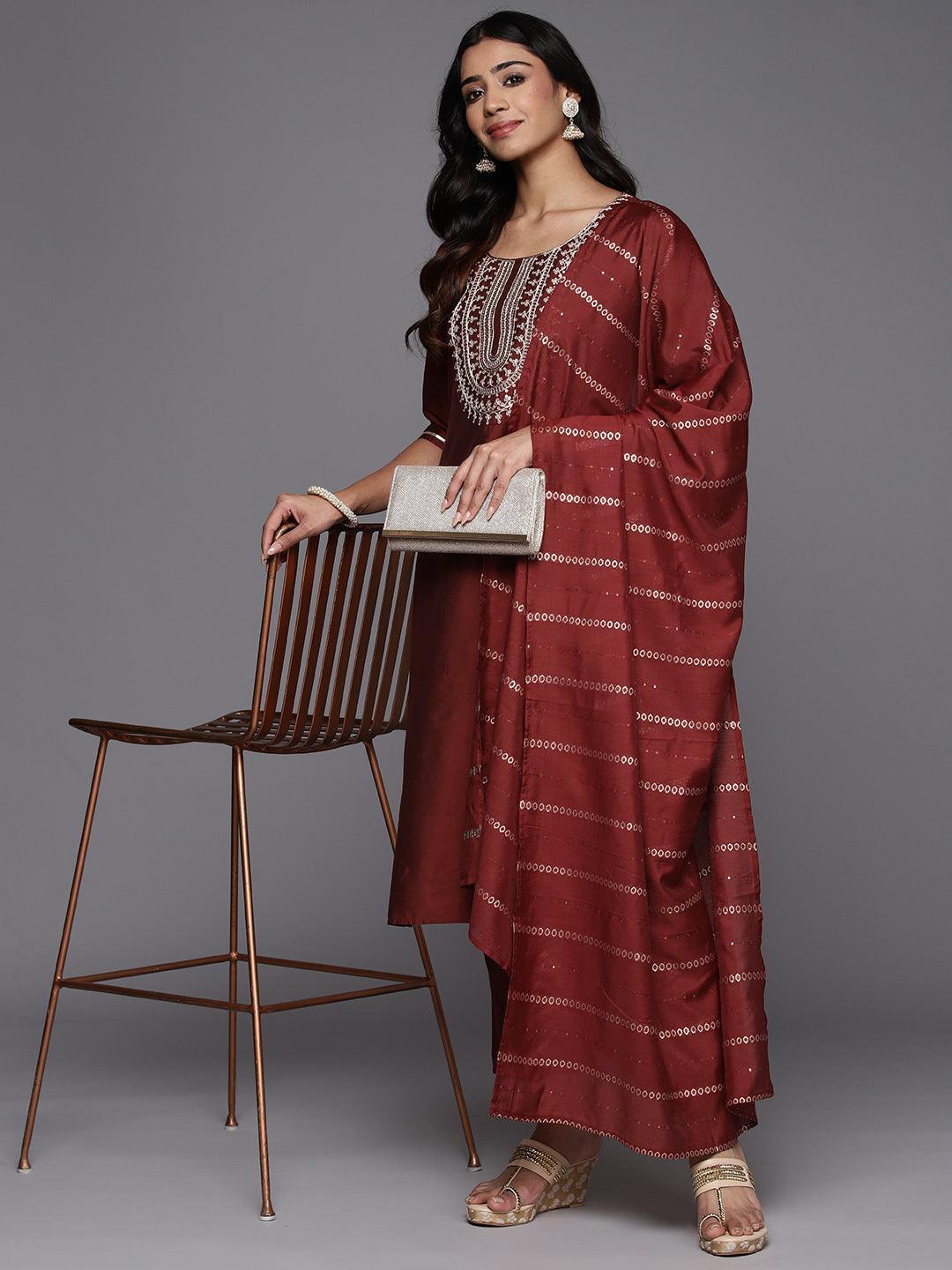 Maroon Yoke Design Silk Blend Straight Kurta With Trousers & Dupatta - Libas