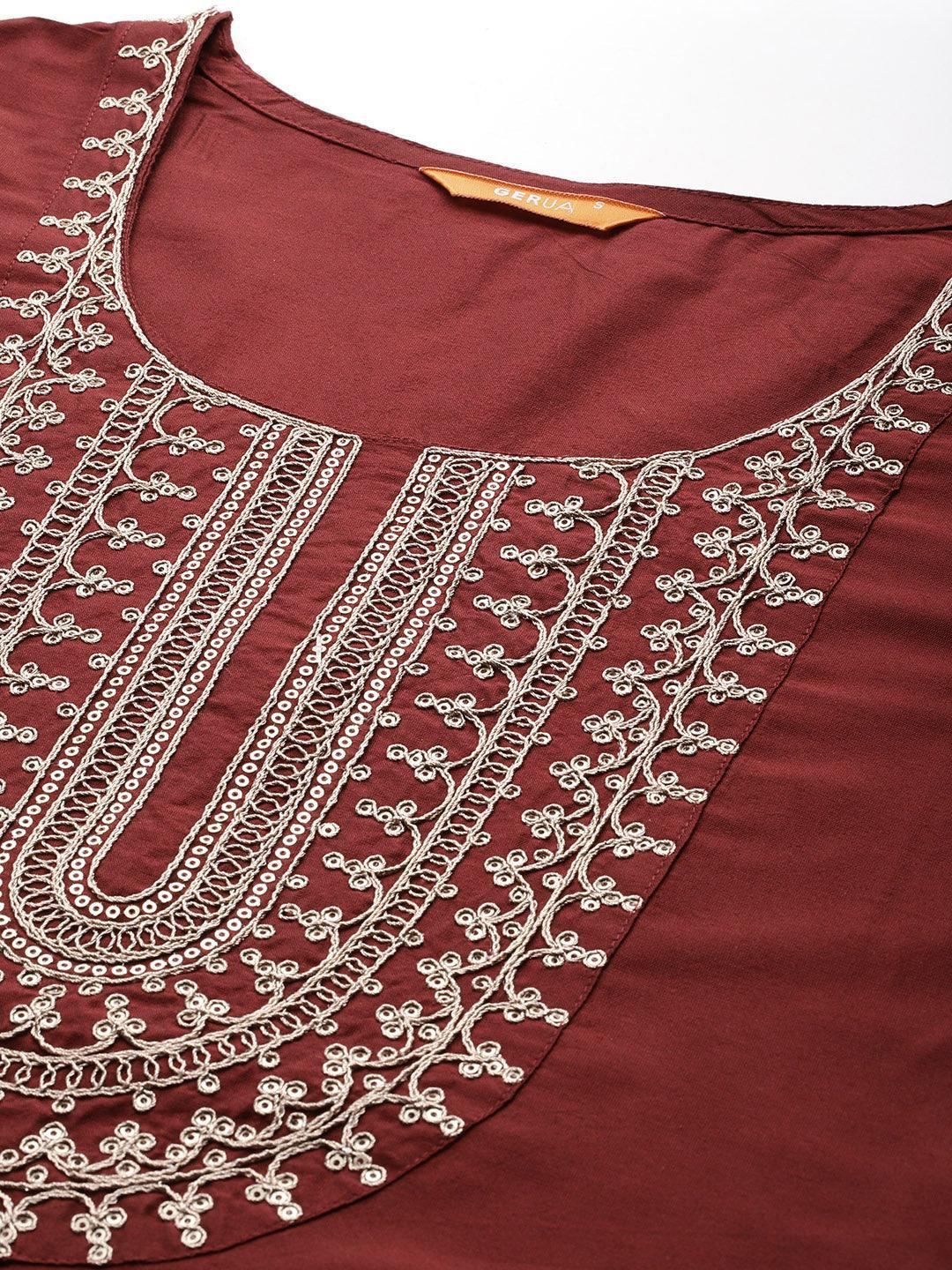 Maroon Yoke Design Silk Blend Straight Suit With Dupatta